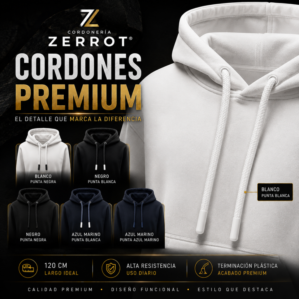 Cordón premium para polerón con punta plástica de 120 cm disponible en varios colores y combinaciones.