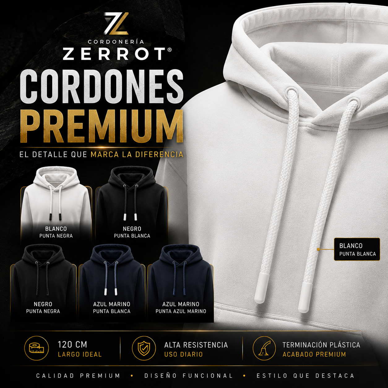 cordones premium con punta plastica Cordón premium para polerón con punta plástica de 120 cm disponible en varios colores y combinaciones.