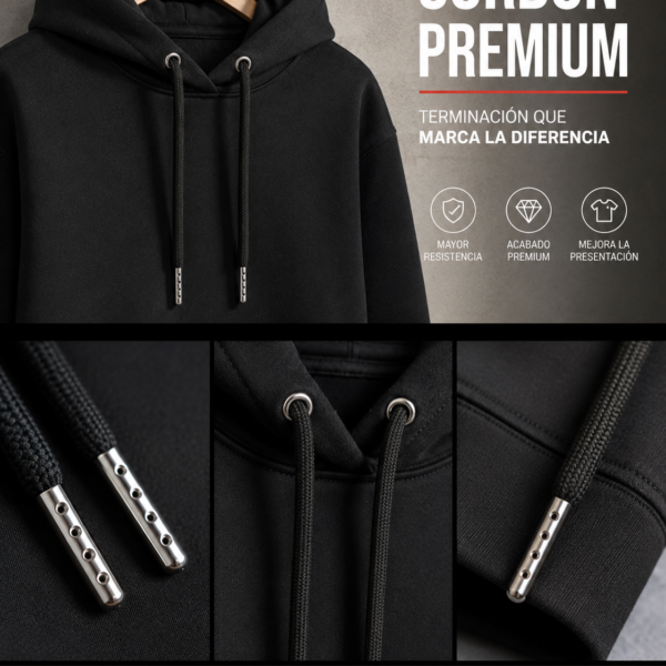 Cordón premium negro de 120 cm con punta metálica plateada perforada para polerones y prendas textiles.