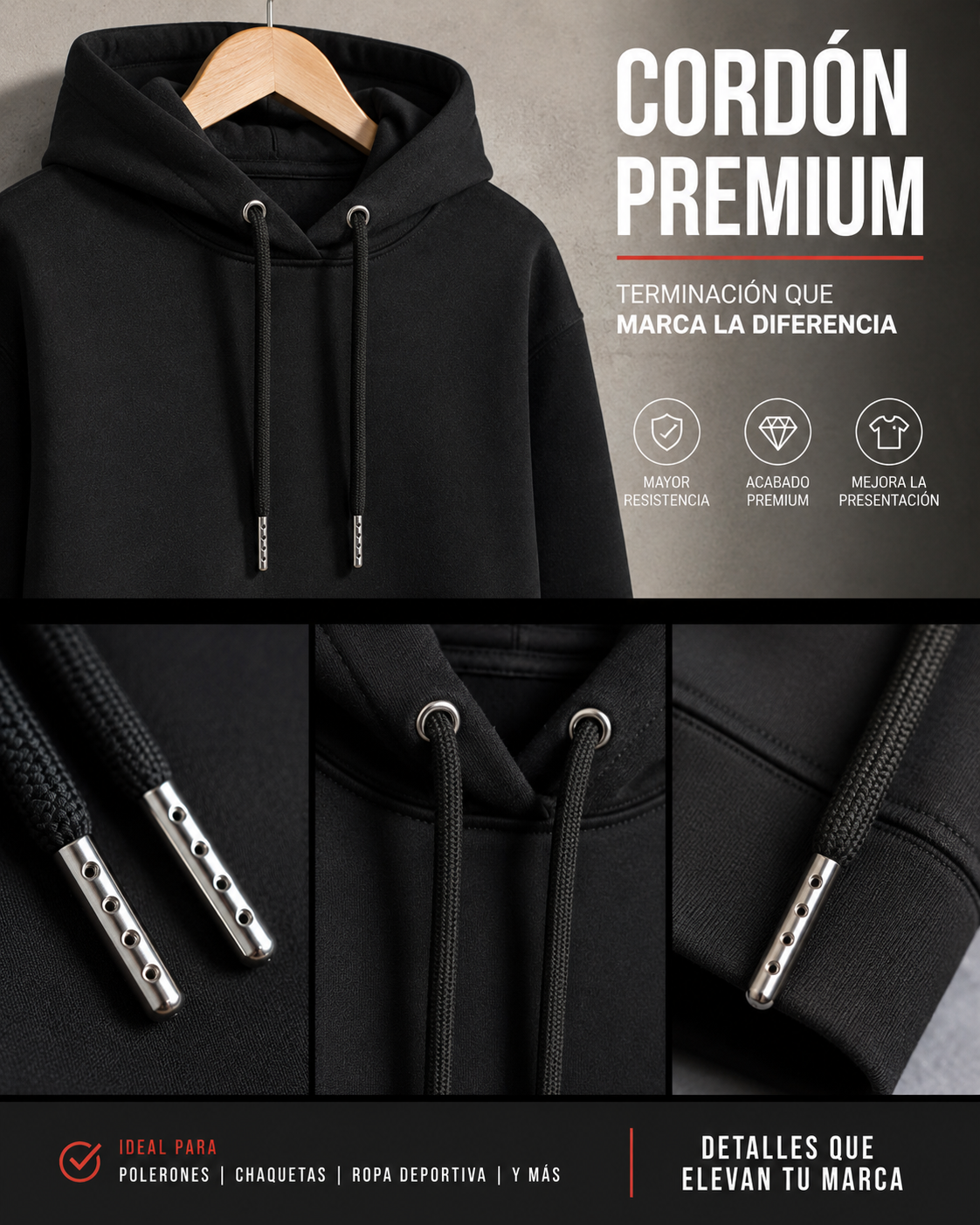 cordones premium puntas metalicas nickel Cordón premium negro de 120 cm con punta metálica plateada perforada para polerones y prendas textiles.